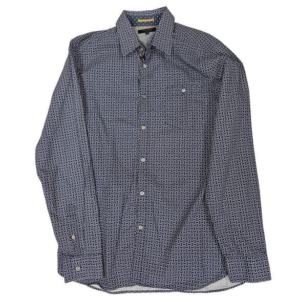 Ted Baker London Sz 4 m/L Navy Blue Calico Men Button Down Shirt Flip Cuff NWOT - Picture 1 of 6